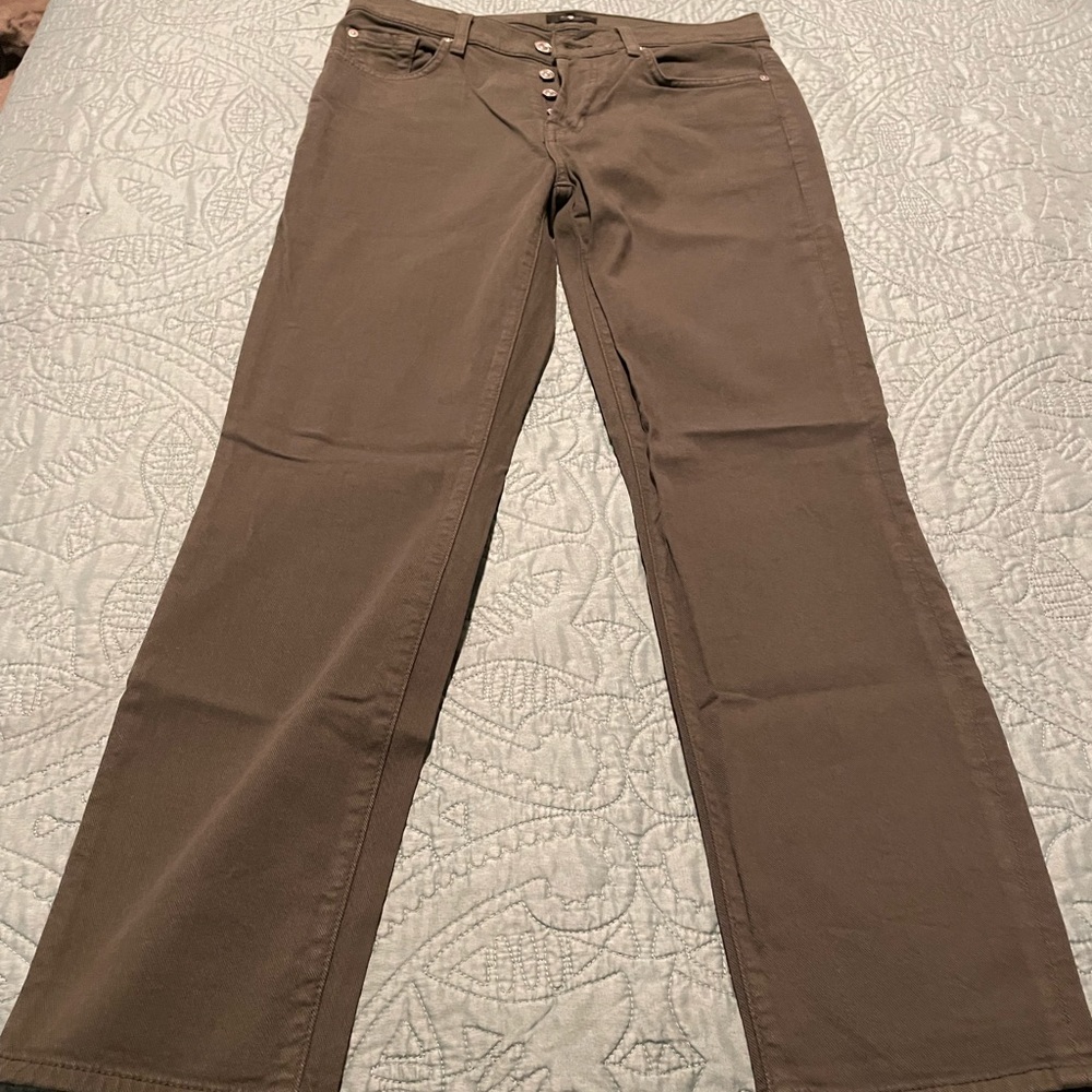 7 For All Mankind olive green, button fly jeans